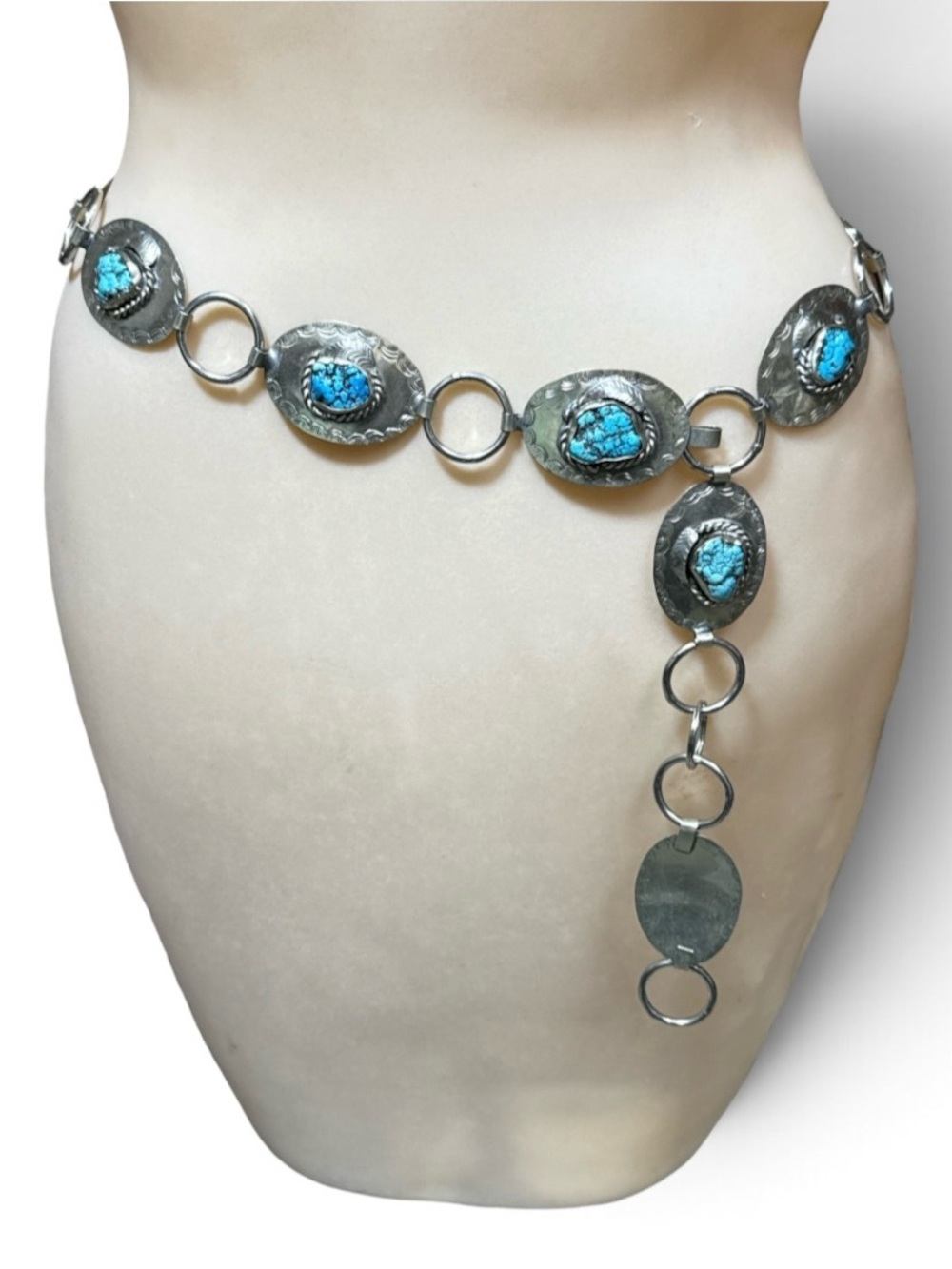 Vintage Southwest Turquoise Magnesite Concho Link Belt Silver Western Boho 37.5”